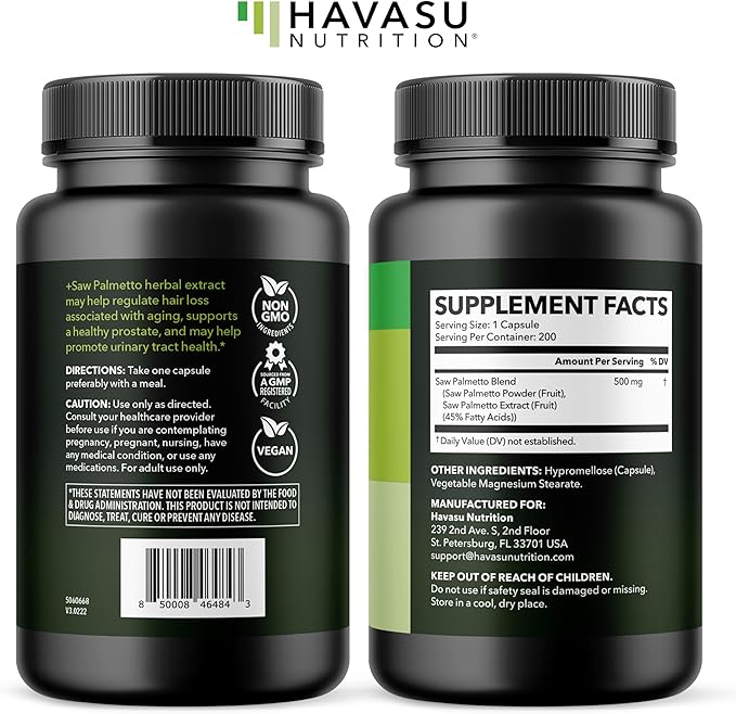 Saw Palmetto for Men Prostate Health Supplement to Promote Urinary Tract Function - 500mg Per Serving - 200 Count - DHT Blocker Hair Vitamin - Vegan Non-GMO Capsules Over 6 Month Supply