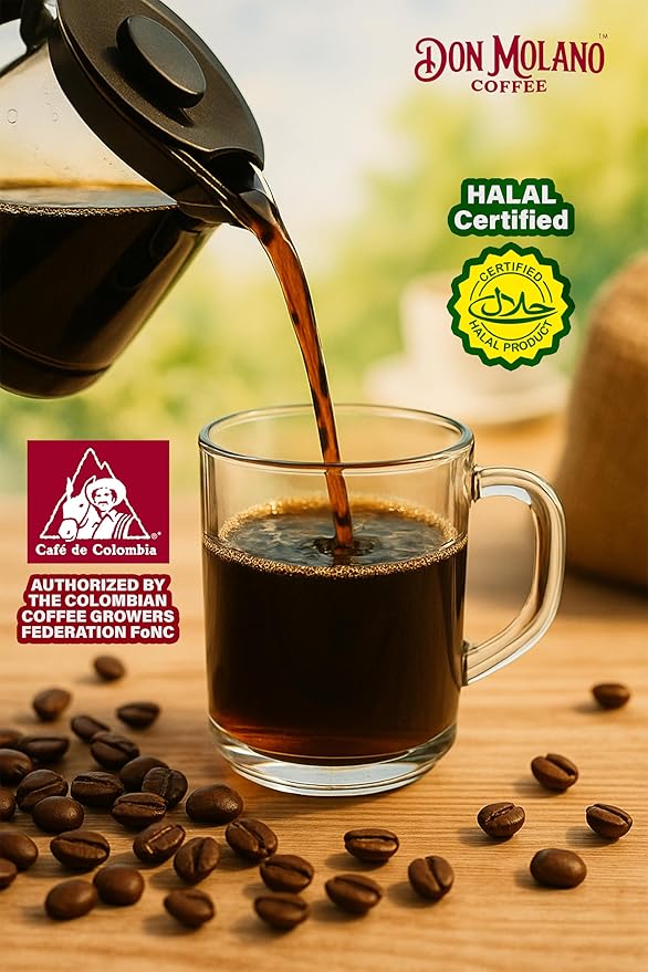 Don Molano Coffee Aroma D’Oro Traditional Ground Coffee Medium Roast 16oz - Premium Colombian Coffee Halal Certified – Rich and Balanced with a smooth and velvety texture with notes of Citrus Dark