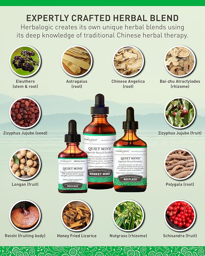 Herbalogic - Quiet Mind Liquid Herb Drops - Non-Sedating Promotes a Feeling of Zen-like Calm - Eases Anxious Worry and Panicky Mood - Based on the Traditional Chinese Formula Gui Pi Tang - 4 Fl. Oz.
