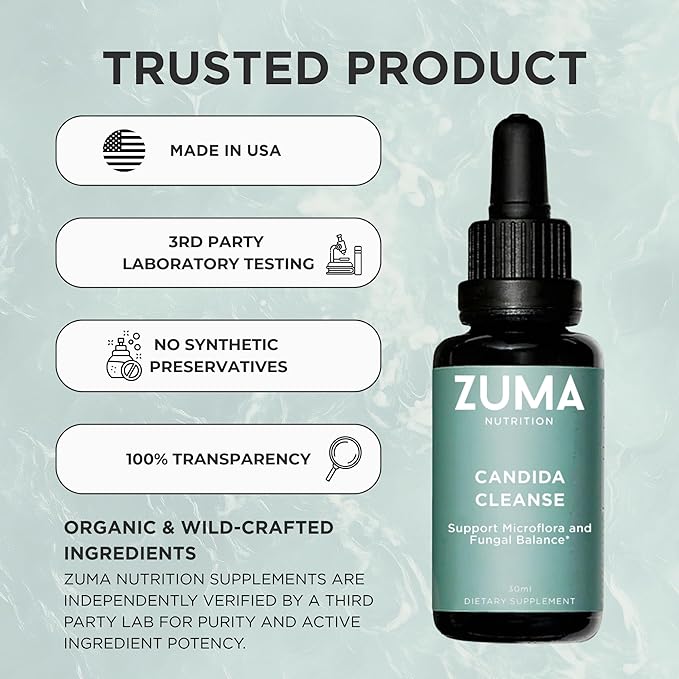 Zuma Nutrition Candida Support Tonic Vegan Herbal Liquid with Cloves Ginger Ginseng Echinacea &amp Grape Seed Extract Plant Based Water Soluble Supplement for Men &amp Women Non GMO 30 ML Bot