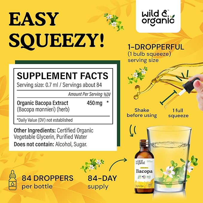 Wild &amp Organic Bacopa Tincture - Supports Calm Focus Clarity - Bacopa Monnieri Supplement Liquid - Alcohol-Free Drops with Brahmi Extract - Vegan Sugar-Free - 2-Month Supply - 2 fl oz
