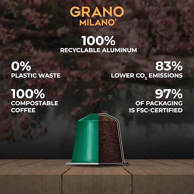 Grano Milano Brasile Coffee Capsules - 100 Aluminum Coffee Pods Compatible with Nespresso Original line100% Arabica Medium Roast - Intensity 7/12 Made in Italy