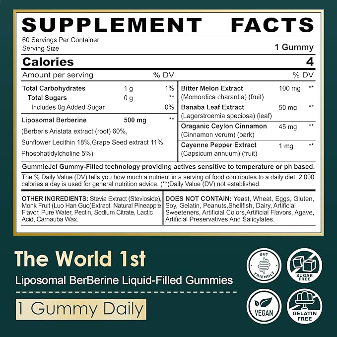 Berberine 500mg Supplement Once Daily Liposomal Gummies with Ceylon Cinnamon Bitter Melon Banaba Leaf for Metabolism Balanced AMPK Activator High Absorption Sugar Free Vegan 60 Cts