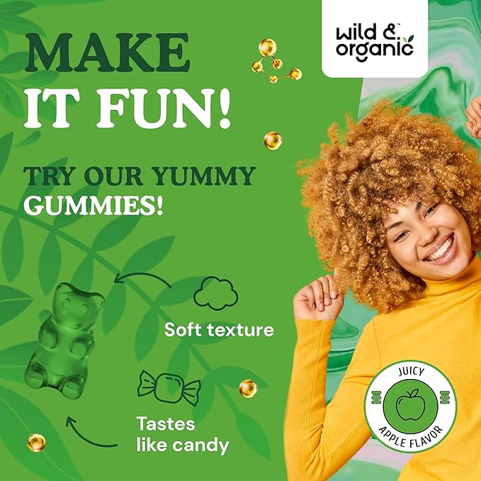 Wild &amp Organic Chlorophyll Gummies 50mg - Detox Cleanse Supplements w/Sodium Copper Chlorophyllin - Internal Deodorant w/Chlorophyll Powder - Vegan Non-GMO - 60 Herbal Chews
