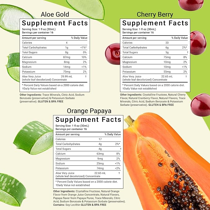 Aloe Life - Whole Leaf Aloe Vera Juice Multi-Flavor Bundle Certified Organic Gluten-Free (Cherry Berry Aloe Gold &amp Orange Papaya Flavors 16 oz Each)