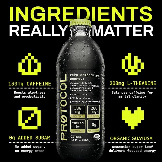Organic Energy Drink with L-Theanine 130mg Organic Nootropic Caffeine – No Artificial Sweeteners No Sucralose – Healthy Clean Energy Citrus Flavor – 12 Pack (12oz Glass Bottles)