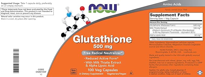 Now Glutathione 500 mg 100 Vegan Capsules (Pack of 2) - Reduced Form GSH Supplement - Enhanced with Milk Thistle Extract and Alpha Lipoic Acid