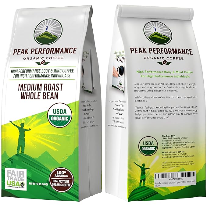 Peak Performance High Altitude Organic Coffee - Fair Trade Low Acid Non GMO and Beans Full of Antioxidants - Medium Roast Smooth Tasting USDA Certified Organic Whole Bean Coffee Bag 12 oz