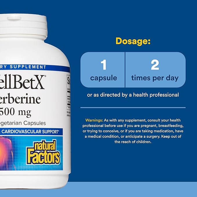 Natural Factors WellBetX Berberine - Daily Supplement Supports Metabolic Health - Formula Supports Healthy Heart - Gluten-Free &amp Vegan - 120 Vegetarian Capsules (120 Servings)
