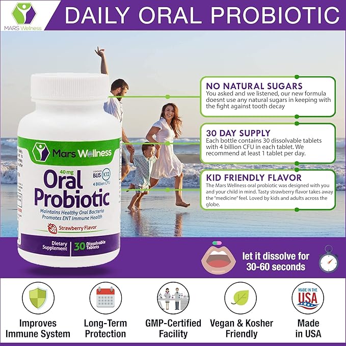 Oral Probiotic Supplement with BLIS K12 4 Billion CFU - Now Dairy Free 60 Day Supply Bottle for Bad Breath Strep Cavities Gum Oral and Dental Health - Sugar Free - USA Made - 60 Count