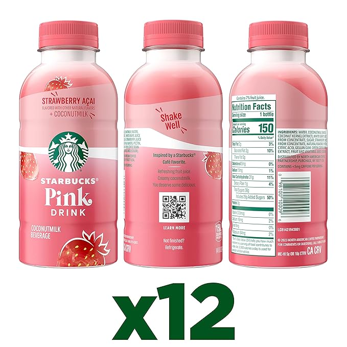 Starbucks Pink Drink Strawberry Acai with Coconut Milk 14oz Bottles (24 Pack)