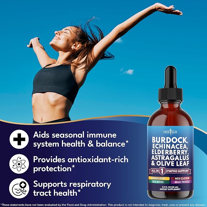 NEW AGE Lymphatic Drainage Supplement - Burdock Lymphatic Support Drops - Burdock Root Mullein Echinacea Elderberry Dandelion Astragalus Milk Thistle Red Clover - 4 oz
