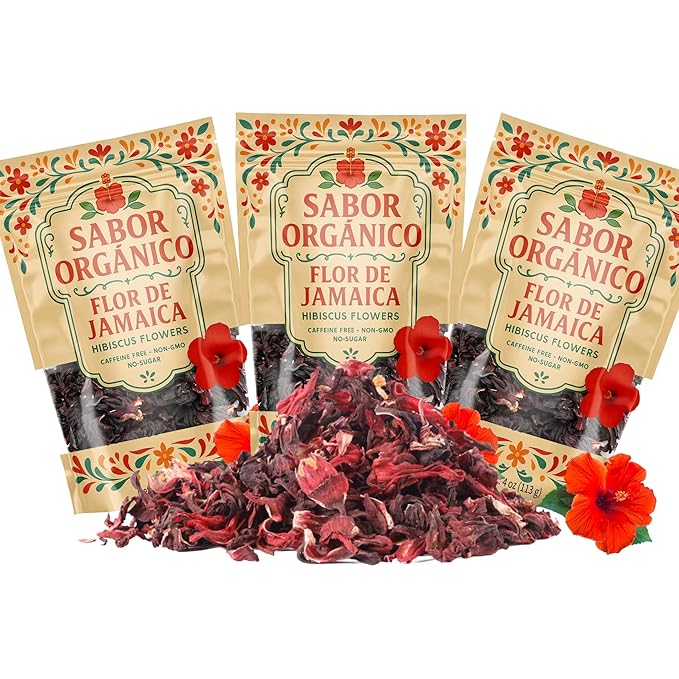 3LB Whole Dried Hibiscus Flowers (Flor de Jamaica) for Hibiscus Tea &amp Mexican Agua Fresca | Natural Non-GMO No Preservatives | Includes Resealable 1lb Stand-Up Pouches | Sabor Orgánico