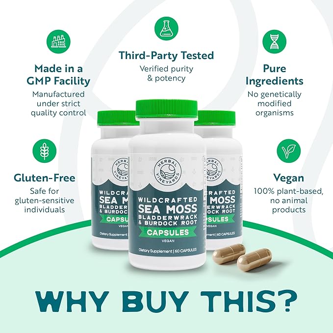 Herbal Vineyards Organic Wildcrafted Vegetable 60 Capsules | 1500MG | Pack of 2 | Irish Sea Moss Bladderwrack and Burdock Root Immune Support Healthy Skin &amp Energy | Powerful Immunity Booster