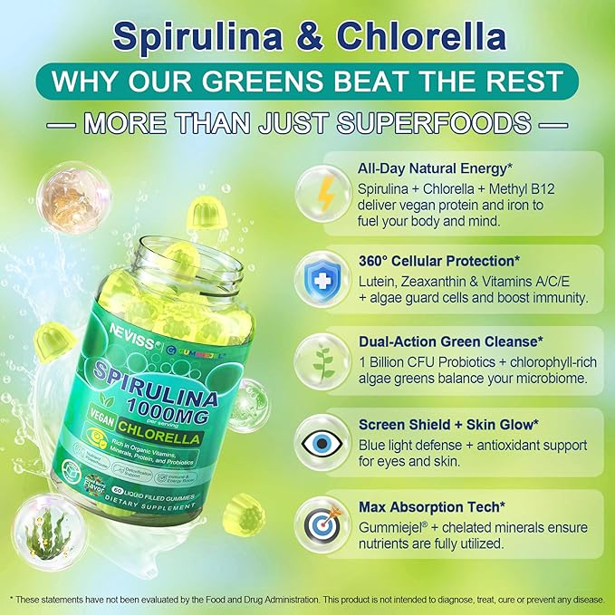 NEVISS Spirulina &amp Chlorella Gummies - Probiotic &amp Super Greens Supplement Superfood Rich in Antioxidants Chlorophyll Protein Essential Amino Acids for Cellular Energy Immunity &amp Eye