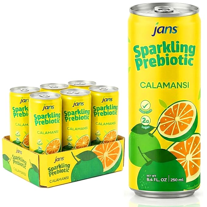Jans Sparkling Prebiotic Drink Soda Beverage 8.4 Fl Oz (24-Pack Variety Flavors) – Low Calorie NO Added Sugar Non-GMO Sparkling Fruit Beverage Gut Health Support