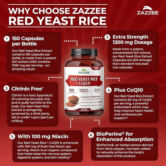Extra Strength Red Yeast Rice with CoQ10 - 20X Concentrated 1200mg Red Yeast Rice Supplement with Niacin CoQ 10 and BioPerine for Enhanced Absorption - Non-GMO Vegan &amp ISO Lab Tested (75 Servings)