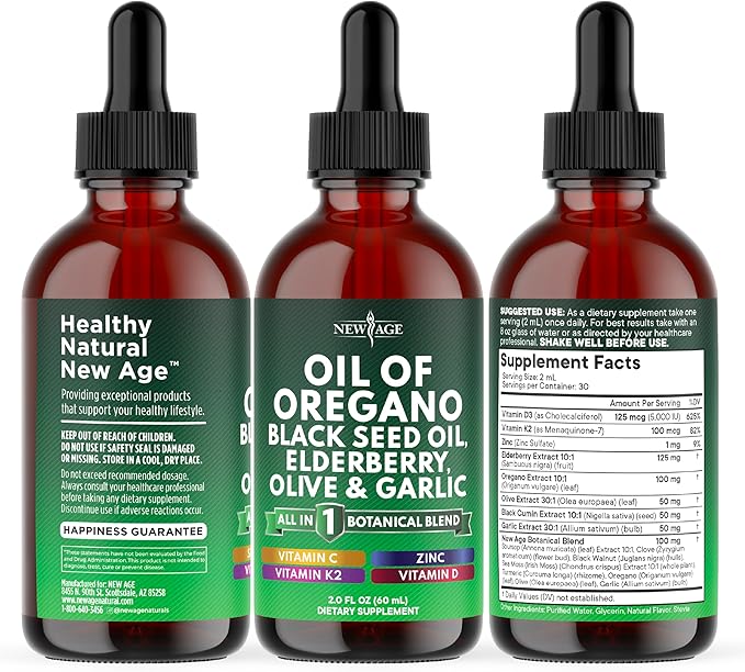 NEW AGE Oil of Oregano Drops - Black Seed Oil Elderberry Vitamin D D3 K2 Olive Garlic - Immune Support Supplement Wellness Formula Zinc Supplements Liquid - 8Fl Oz