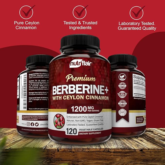 NutriFlair Premium Berberine HCL 1200mg 120 Capsules - Plus Pure True Ceylon Cinnamon Berberine HCI Root Supplements Pills - Immune System - Made in USA