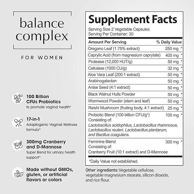 Balance Complex 17-in-1 Vaginal Health 100 Billion Probiotics for Women pH Balance with Cranberry &amp D-Mannose | Promote Urinary Tract Health for Vaginal Odor &amp Vaginal Flora 60 Capsules (Pack