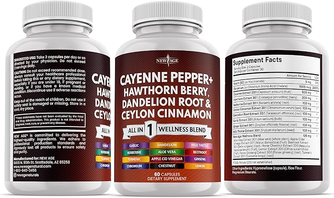 NEW AGE Cayenne Pepper Capsules Supplement with Hawthorn Berry Dandelion Root Ceylon Cinnamon Garlic Ginger ACV Milk Thistle Beet Root Aloe Vera - 180 Count