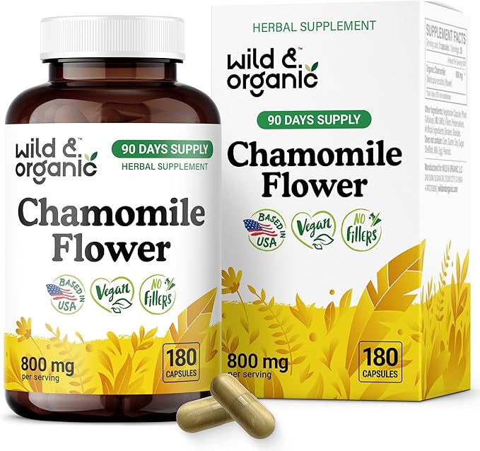 Wild &amp Organic Chamomile Extract Capsules 800 mg - Relaxation &amp Digestive Support - Chamomile Powder Supplement - Matricaria Recutita Herb - Vegan No Fillers Non-GMO - 180 Count