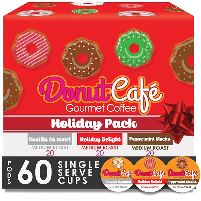 Donut Cafe Holiday Pack (Holiday Delight Pmint Mocha VanCaramel) 60ct Single Cup