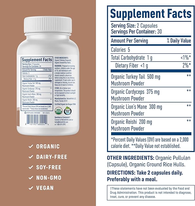 NativePath Mushroom Complex - Organic Lions Mane Turkey Tail Cordyceps &amp Reishi Supplement for Immune Support Brain Focus &amp Energy - Beta-Glucans Adaptogen Vegan Non-GMO - 60 Capsules