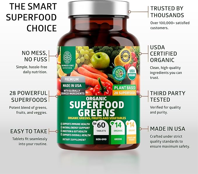 2-Pack N1N Premium Organic Green Superfood Fruits &amp Veggies [28 Powerful Ingredients] Natural Supplement with Alfalfa Beet Root &amp Tart Cherry for Energy Immunity Digestion 120 Ct