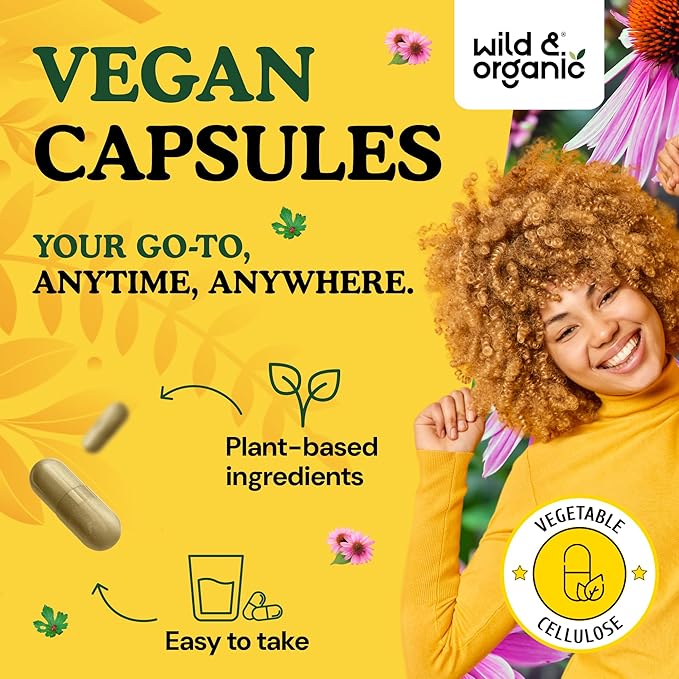Wild &amp Organic Echinacea Goldenseal Capsules - Immune &amp Lung Support - Echinacea Complex Supplement - Hydrastis Canadensis &amp Purpurea - Vegan No Fillers Non-GMO - 120 Count