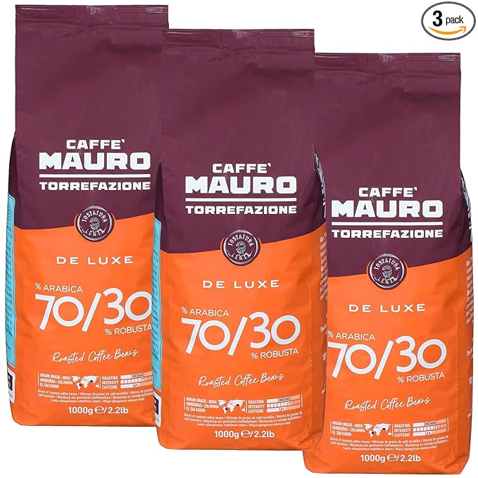 Caffe Mauro Coffee Beans from Italy 2.2 lbs. (1kg)(Pack of 3) De Luxe Roasted Espresso Coffee Beans - 70% Arabica - 30% Robusta