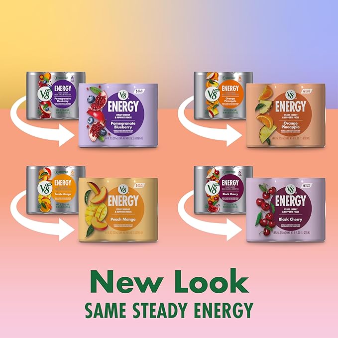V8 +Energy Peach Mango Orange Pineapple Black Cherry and Pomegranate Blueberry Juice Energy Drinks 8 fl oz Can (24 Pack)