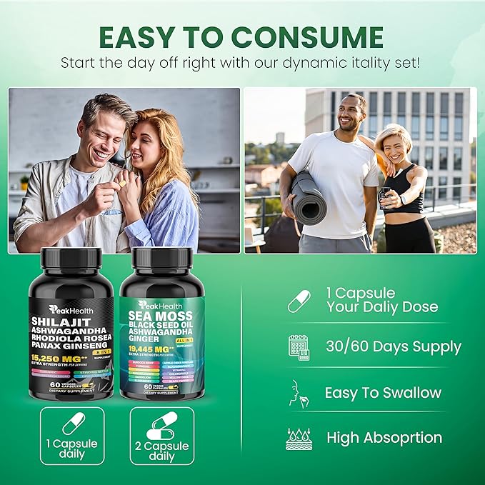 Shilajit Sea Moss Black Seed Oil Ashwagandha Capsules for Man Woman2 Bottle Combo with Turmeric Panax Ginseng Rhodiola19445mg Herbal FormulaEnergy &amp Immune Support 60 Capsules