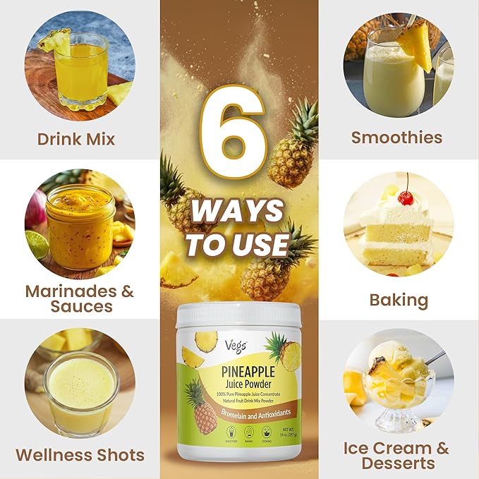 Vegs Pineapple Juice Powder - Freeze Dried Organic Pineapple Powder with Bromelain &amp Antioxidants - Sugar-Free Cold Pressed Tropical Fruit - Smoothies Drinks Cooking Baking - Vegan Non-GMO - 1
