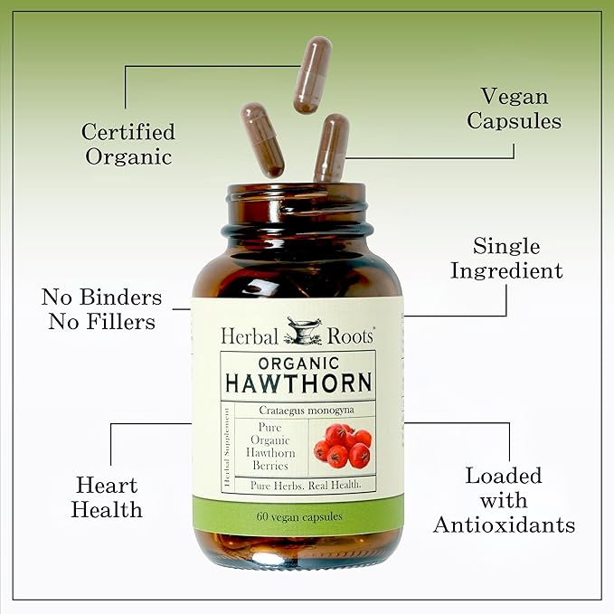 Herbal Roots Organic Hawthorn Berry Capsules | Extra Strength 1200mg per Serving | 60 Vegan Capsules