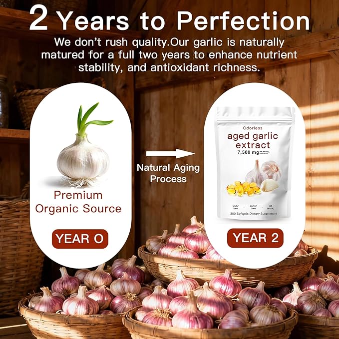 Aged Garlic Extract-300 Count 7500mg Odorless Organic Garlic Capsules Supplement for Heart &amp Immune Support – Non-GMO All-Natural Softgels 2-Year Matured for Antioxidant Wellness