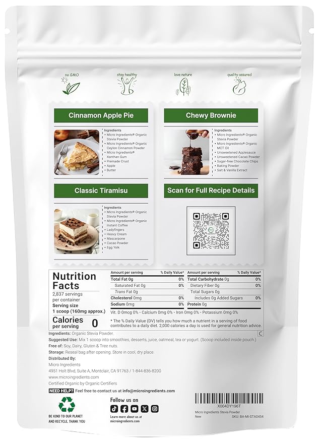 Micro Ingredients Pure Organic Stevia Powder 1 Pound 2837 Servings Highest Grade Stevia Green Leaf Extract Reb-A Reduced Bitter Aftertaste 0 Calorie Natural Sweetener Sugar Alternative Keto F
