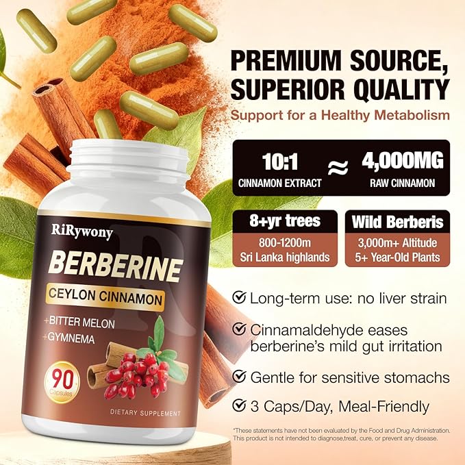 Berberine Supplement Berberine with Ceylon Cinnamon Bitter Melon and Gymnama - 1500 MG Berberine HCL for Gut Health 2 Pack 180 Capsules
