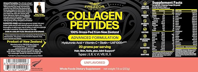 FREZZOR Collagen Peptides Powder Fine Lines &amp Wrinkles Hair &amp Nails Supports Youthful Flexibility &amp Mobility 100% New Zealand Hydrolyzed Beef Bone Collagen Unflavored 23.7 Ounce-3 Ja