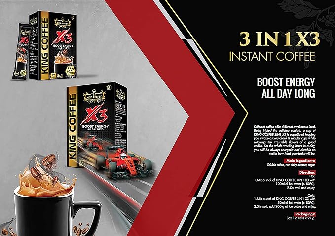 King Coffee 3in1 X3 Instant Vietnamese Coffee Packets Box 12 sticks x 0.95 oz (27g) Boost Energy Cafe Mix Perfect for Powerful Day (1)