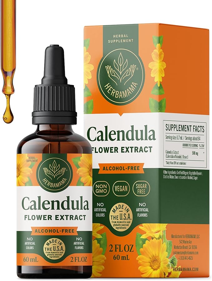 HERBAMAMA Calendula Tincture - Vegan Antioxidant &amp Detox Support with Calendula Extract Drops - Non-GMO Alcohol &amp Sugar-Free Liquid Supplement 42-Day Supply