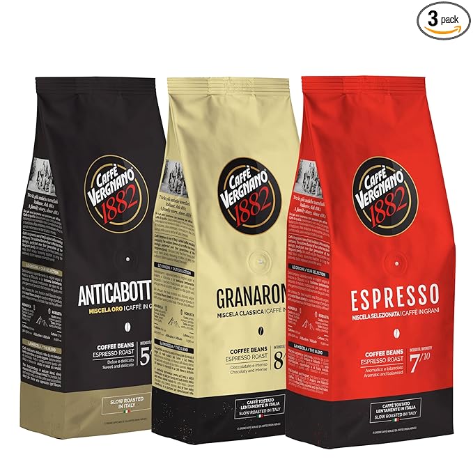 Caffe Vergnano 1882 Granaroma Espresso &amp Antica Bottega Whole Bean Arabica Medium Espresso Roast Coffee 1.1lbs Bag - Italian Coffee Beans -500g Bag (3 Pk)