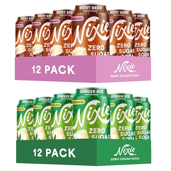 Nixie Organic Zero Sugar Soda Root Beer &amp Ginger Ale 0 Sugar 0 Calories Healthy Soda Pop Non-GMO 12oz Cans (24 Pack)