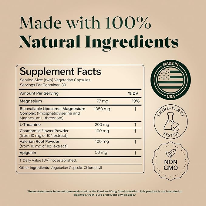 MAGPLUS+ Magnesium L-Threonate w Apigenin &amp L Theanine | 7-Ingredient Sleep Blend | Brain Memory &amp Sleep Support | Liposomal Magnesium Threonate Supplement (60 Capsules)