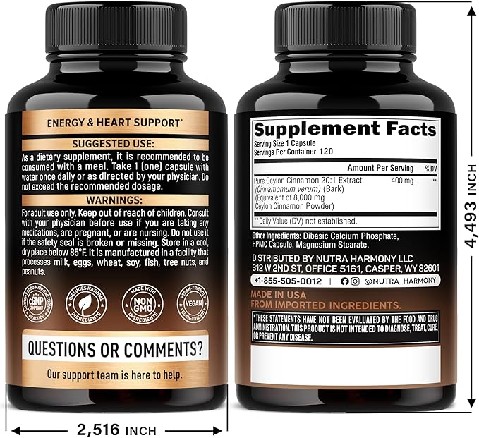 Ceylon Cinnamon Capsules - Extra Strength - Energy Heart &amp Metabolism Support - for Men &amp Women - Pure Natural Extract 20:1 Supplement - Made in USA - GMO &amp Gluten Free 120 Capsules 4 M