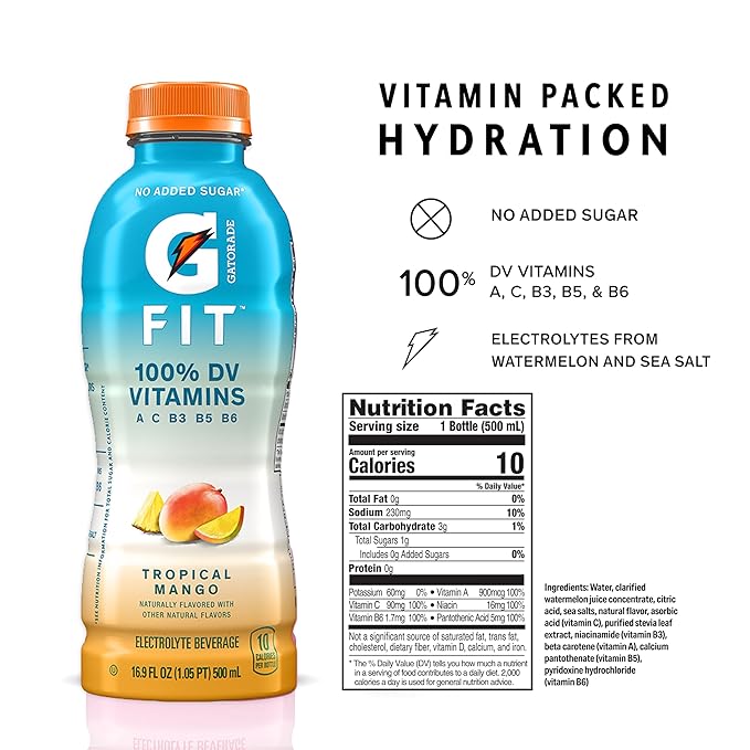 Gatorade Fit Electrolyte Beverage Healthy Real Hydration Tropical Mango 16.9.oz Bottles (12 Pack)