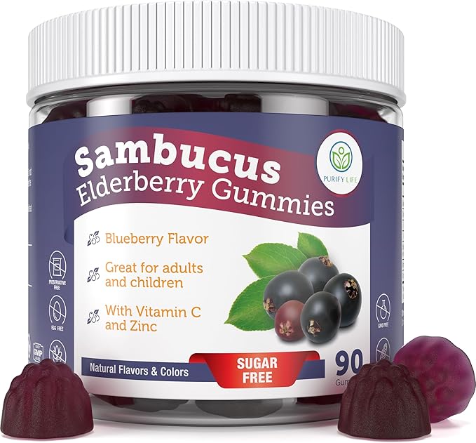 Sugar-Free Elderberry Gummies with Vitamin C &amp Zinc for Adults and Kids Immune Support Supplement for Respiratory Health Sambucus Elderberry Antioxidant Gummies - Vegan 90 Count