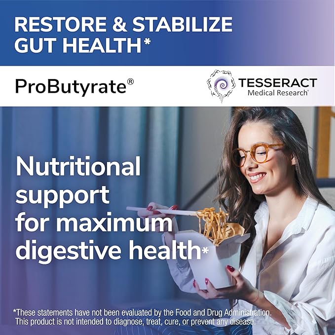 Tesseract Medical Research ProButyrate Gut Health Supplement Butyric Acid Complex Gastrointestinal Support Supplement Helps Restore Balance to Stabilize Gut Microbiome 600mg (120 Capsules)