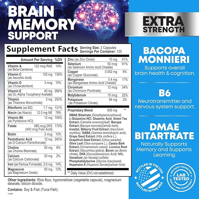 Brain Memory Supplement Pills - 3X Strength Nootropics for Concentration Clarity &amp Focus Support - Brain Health Cognitive Vitamins with Bacopa Phosphatidylserine &amp DMAE Brain Booster - 240