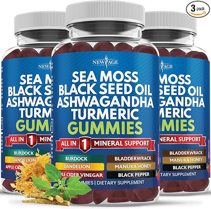 Sea Moss Gummies Sea Moss Black Seed Ashwagandha Turmeric Manuka Honey ACV Dandelion Black Pepper Burdock Bladderwrack Vegan- 180 Count